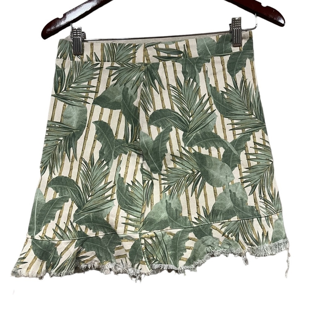 Show Me Your MuMu Size Medium MuMu Blue Leaf Print Denim Skirt Cream and Green